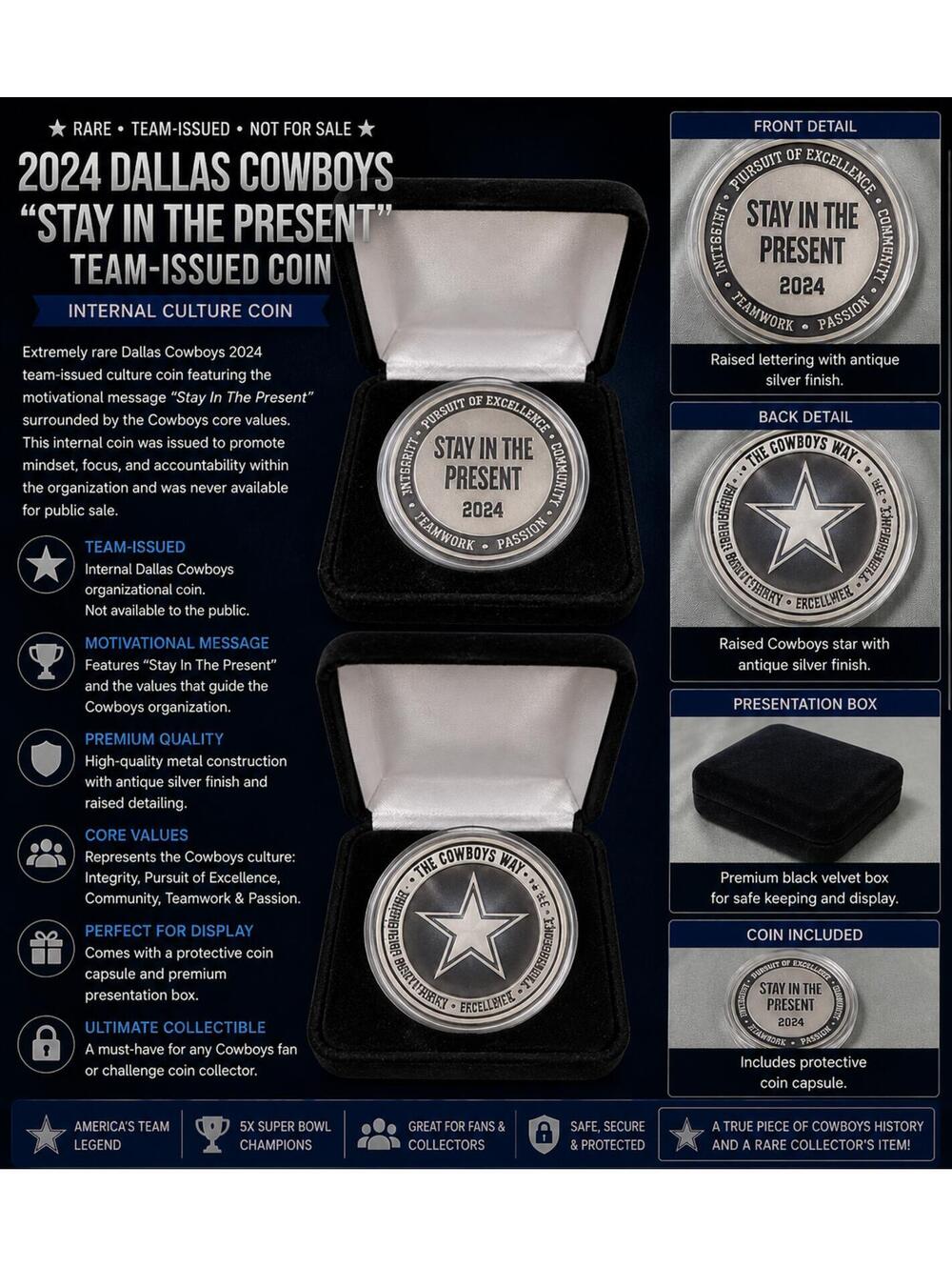 Rare Dallas Cowboys 2024 “Stay In The Present” Team-Issued Coin